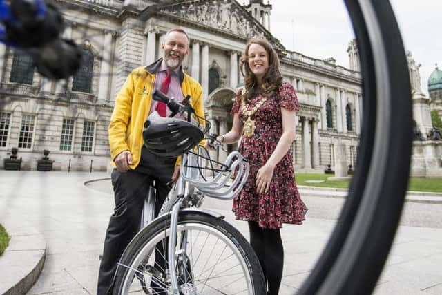 WHEEL-Y GOOD FUN Andrew Grieve, Head of the Department for Infrastructures Cycling Unit joins Lord Mayor of Belfast, Councillor Nuala McAllister to launch Bike Week 2017.