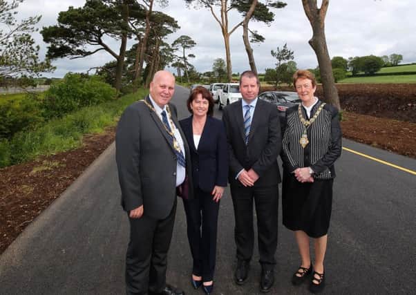 Pictured at the site on Monday are (from left to right) councillor Paul Reid (mayor of Mid and East Antrim), Deidre Mackle (divisional roads manager), William Diver (from contractors BAM McCann JV), and Joan Baird (mayor of Causeway Coast and Glens).