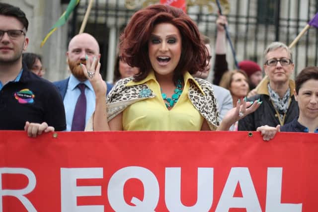 Drag Queen Lady Portia Diamante joins campaigners from the Love Equality Coalition  as they announce a march for Equal Marriage outside City Hall in Belfast to be held in on July 1