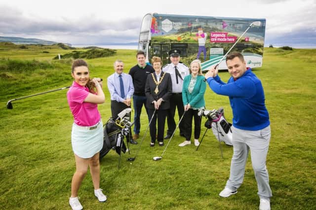 Translink has announced special public transport services for the 2017 Dubai Duty Free Irish Open hosted by the Rory Foundation at Portstewart Golf Club, July 4 - 9. . Pictured are l-r Laura McCaw, Juvenile Captain Portstewart GC, Translinks Sam Todd; Mayor of Causeway Coast & Glens BC,  Joan Baird OBE; Darrell OHora European Tour; Aine Kearney TNI; Ian Magee Chief Inspector of Causeway Coast & Glens, and Josh Moffitt from Portstewart GC. Picture by Brian Morrison
