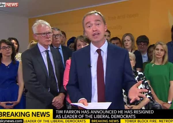 Video grab taken from Sky News of Tim Farron quitting as leader of the Liberal Democrats saying he cannot carry on the face of continuing questions over his Christian faith. PRESS ASSOCIATION Photo.
