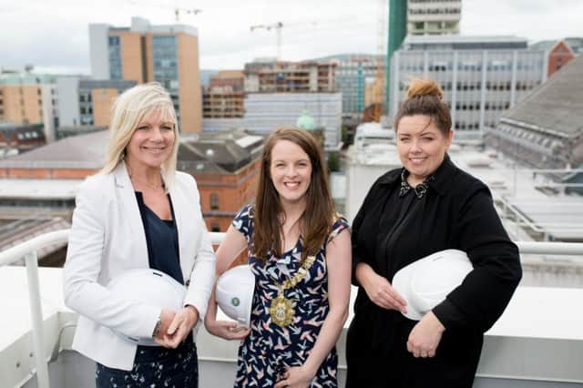 Belfast City Council CEO Suzanne Wylie, Lord Mayor Nuala McAllister and Councillor Deirdre Hargey of strategic policy and resources committee