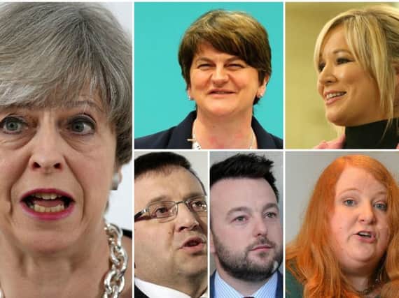 PM Theresa May, Arlene Foster (DUP), Michelle O'Neill (SF), Robin Swann (UUP), Colum Eastwood (SDLP) and Naomi Long (Alliance)