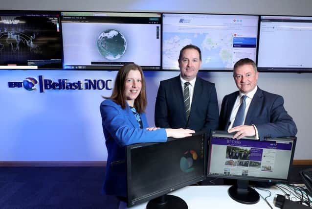 Pictured at the launch are Valerie Wilson, head of managed services at BT in Northern Ireland, regional director for BT Business, Paul Murnaghan, and iNOC client Gordon Milligan of Translink