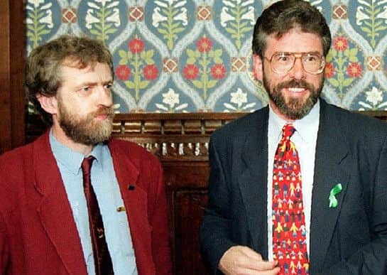 Labour MP Jeremy Corbyn (left) with Sinn Fein President Gerry Adams, at the House of Commons in 1995. Photo by Louisa Buller, PA