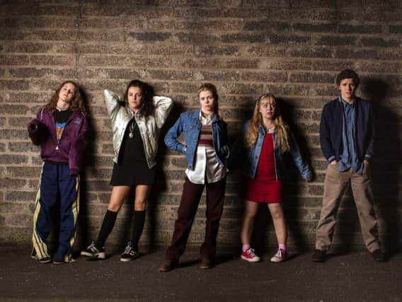 Undated handout photo issued by Channel 4 of cast memebers of Derry Girls, a new sitcom set in Londonderry during the Troubles, (left to right) Louisa Harland playing Orla McCool, Jamie-Lee O'Donnell playing Michelle Mallon, Saoirse-Monica Jackson playing Erin Quinn, Nicola Coughlan playing Clare Devin, Dylan Llewelyn playing James McGuire, which has already started filming for Channel 4 in Northern Ireland and will tell a candid story of family life during a period of huge unrest, based on the personal experiences of writer Lisa McGee.
