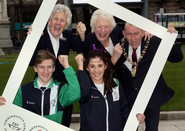 Belfast was announced at host city for the Commonwealth Youth Games in February 2016. 
Pictured at the launch were Louise Martin, president of Commonwealth Games Federation with Dame Mary Peters, Belfast Lord Mayor Arder Carson, 
with two of the Northern Ireland athletes Stephen Hearst (squash) and Rachel Bethel (swimming) from Team NI in Samoa 2015