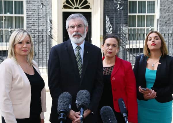 Sinn Fein's Northern Ireland leader Michelle O'Neill (left), party president Gerry Adams (second left), TD Mary Lou McDonald and MP Elisha McCallion (right) after talks at 10 Downing Street, London, as negotiations continue between Theresa May's Conservatives and the Democratic Unionist Party over a deal under which the DUP could prop up a minority Tory administration. Photo: Gareth Fuller/PA Wire
