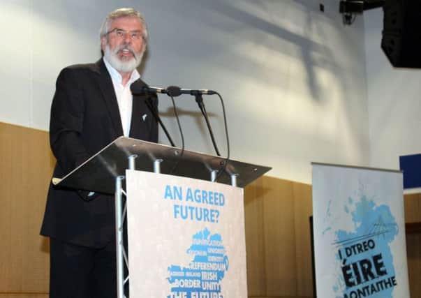 Sinn Fein of party president Gerry Adams speaking at a Sinn Fein conference on the constitutional question in Belfast. Photo: Sinn Fein/PA Wire