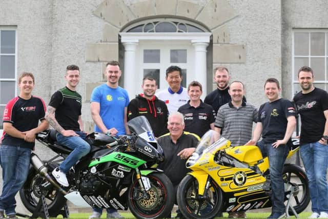 Armoy Clerk of the Course Bill Kennedy pictured with road racers including William, Dunlop, Adam McLean, Paul Jordan, Gary Dunlop, Dominic Herbertson, Christian Elkin, Paul Robinson and Neil Kernohan at the launch of the Armoy Road Races.
