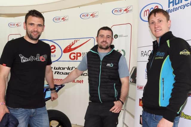 William Dunlop, Michael Dunlop and Dean Harrison pictured at the launch of the 95th MCE Ulster Grand Prix on Monday.