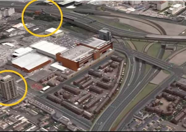 Image of the proposed York Street Interchange. Circled, to help give perspective, are Yorkgate train station (top) and the nearest of the New Lodge towerblocks.
