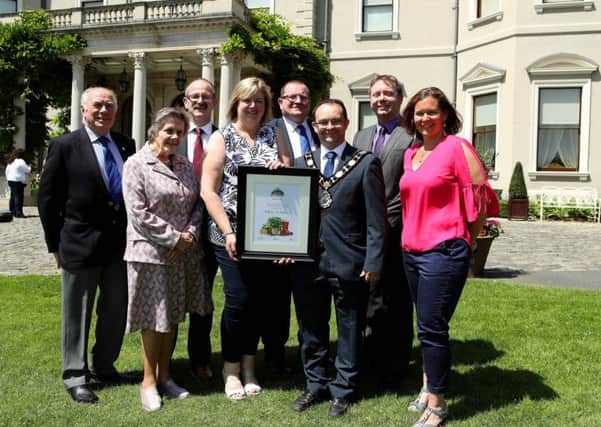 Cllr Mervyn Rea, Doreen Muskett MBE, President of the Northern Ireland Amenity Council, Ivor McMullan, Cllr Linda Clarke, Cllr Neil Kelly, Mayor Cllr Paul Hamill, Simon Webb, Dept Agriculture, Environment & Rural Affairs, Northern Ireland and Lindsey Houston at Ireland's best kept awards 2017 where  Antrim Town won the Best Kept Large Urban Centre category.  MAXWELLPHOTOGRAPHY.IE