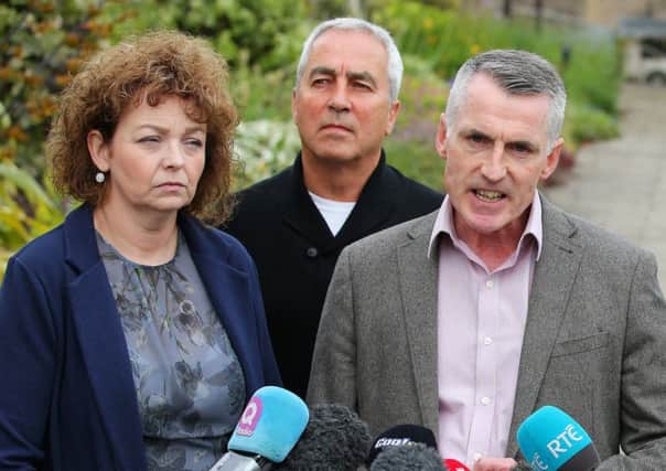 Caral Ni Chuilin (former culture minister, far left), Pat Sheehan and Declan Kearney at a Sinn Fein press conference at Stormont Castle, Belfast, on 27/06/17