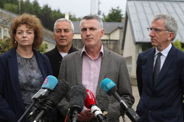A Sinn Fein delegation talk to the press at Stormont during negotiations. Pic: Pacemaker.