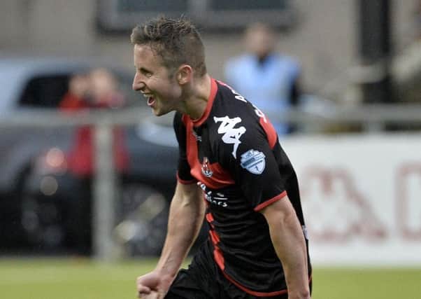 Michael Carvill celebrates his goal against Liepaja. Pic by PressEye Ltd.