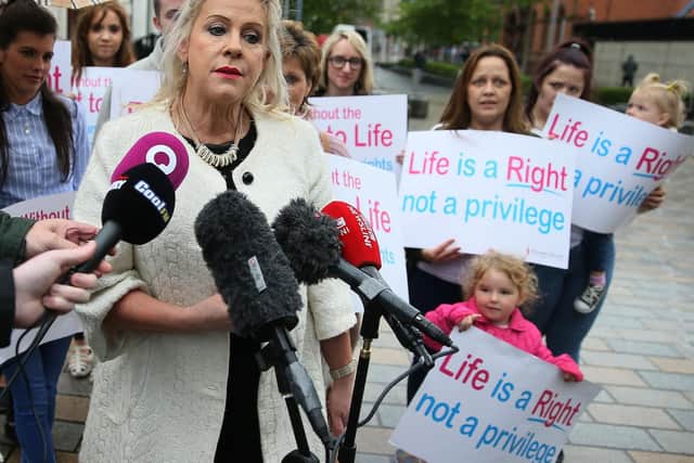 Anti-abortion campaigner Bernie Smyth speaks to the media outside the Royal Courts of Justice, Belfast, where the Court of Appeal allowed an appeal against a lower court's ruling that abortion legislation was incompatible with the UK's Human Rights Act.