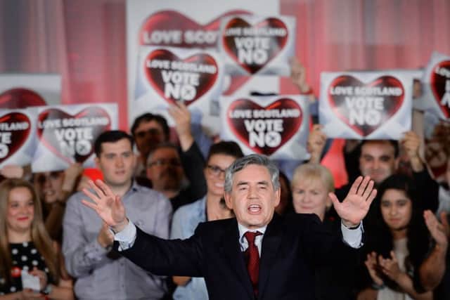 Former Prime Minister Gordon Brown addresses a rally of 'No' campaign supporters in Glasgow during the Scottish referendum campaign. David Cameron and others begged Scotland to say in the UK. Would they do the same if Northern Ireland had a border poll? Photo: Stefan Rousseau/PA Wire