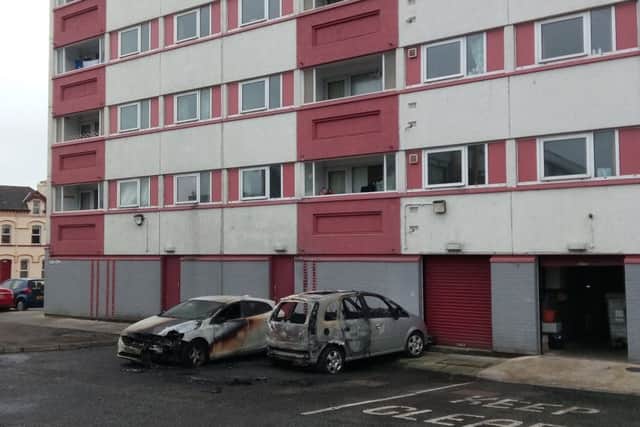 The burnt out cars at Latharna flats in Larne