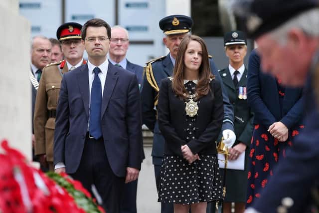Secretary of State James Brokenshire at the commemoration with Belfast Lord Mayor Nuala McAllister