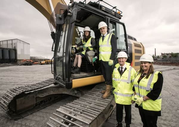 Pictured at the sod-turning event for the Milewater Service Centre are Lord Mayor of Belfast, Nuala McAllister; Translink Group Chief Executive Chris Conway; David Henry, Managing Director Henry Brothers contractors and Ciara Lappin, Technical Director, Doran Consulting.