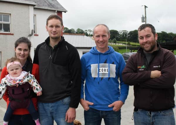 Emma Russell, Katie Russell, John Russell, Robin Stevenson and Vincent Griffith at the Teagasc/Aurivo farm walk on the farm of John Russell at Manorcunningham, Co Donegal.  Picture: Clive Wasson