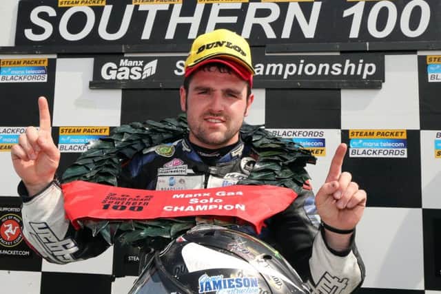 Ballymoney man Michael Dunlop celebrates his victory in the Solo Championship race at last year's Southern 100.