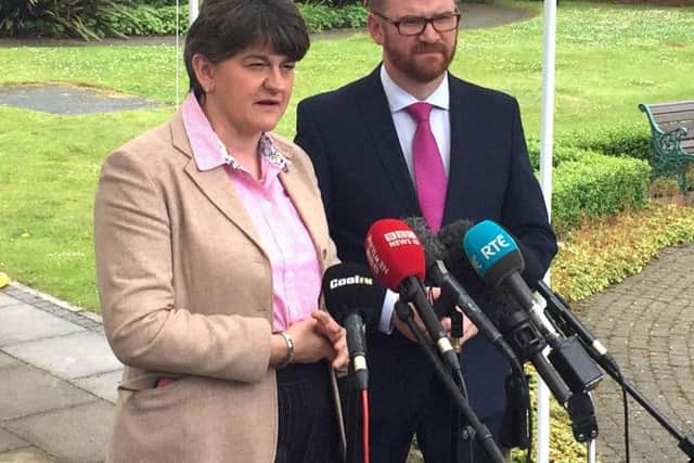 DUP leader Arlene Foster and Simon Hamilton address media as talks wound up at Stormont Castle, Belfast, as Foster has said she is disappointed an agreement to restore powersharing has not been reached in Northern Ireland, suggesting a deal will now have to wait until at least the autumn.