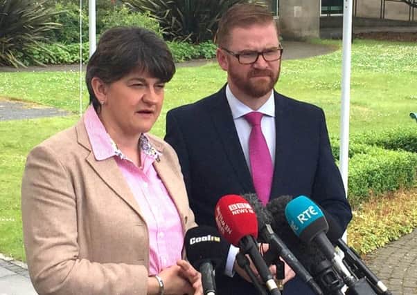 Democratic Unionist leader Arlene Foster and Simon Hamilton address media as talks wound up at Stormont Castle, Belfast, as Foster has said she is disappointed an agreement to restore powersharing has not been reached in Northern Ireland, suggesting a deal will now have to wait until at least the autumn. PRESS ASSOCIATION Photo. Picture date: Tuesday July 4, 2017. See PA story ULSTER Politics. Photo credit should read: David Young/PA Wire