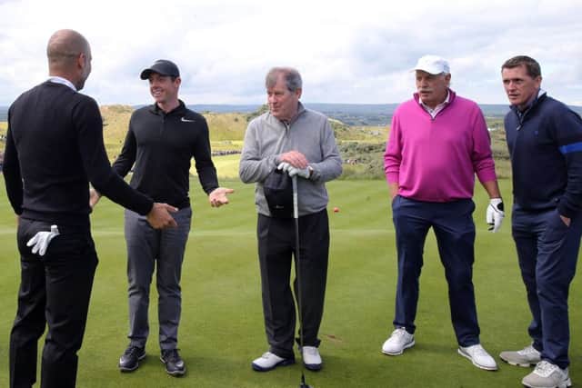 Rory McIlroy on the first tee with Pep Guardiola, JP McManus, Dermot Desmond and Tony McCoy. Pacemaker Belfast