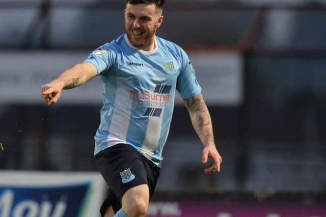 Ballymena's Cathair Friel celebrates scoring in the Europa League Play off game against Glenavon. Photo Colm Lenaghan/Pacemaker Press