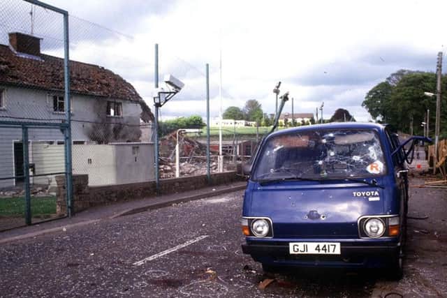 The bullet riddled Hiace van in which IRA men were shot dead by the SAS outside Loughgall RUC station in 1987