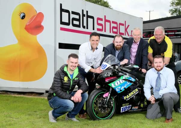 From left: Road racer Neil Kernohan pictured with Graham Little from NPE Media, Connor Dunlop from Bathshack, Aubrey Irwin (Tourism Ireland), Bill Kennedy MBE, Clerk of the Course, Armoy Road Races and Peter Dunlop (Bathshack).