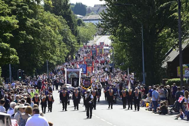 Pacemaker Press Belfast 12-07-2017:  Twelfth of July parades taking place across Northern Ireland. The Bangor, County Down Twelfth of July parades. Orange. Tens of thousands of people are involved in the parades. Marchers commemorate the 327th anniversary of the Battle of the Boyne.
Picture By: Arthur Allison.