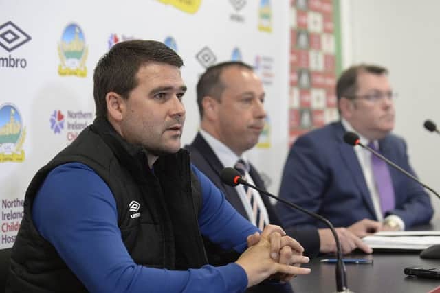 Pacemaker Press Belfast 10-07-2017: Linfield manager David Healy, Linfield chairman Roy McGivern and Vice-Chairman. Jonathan Wilson pictured during a press conference at Windsor Park ahead of their clash with Celtic in a Champions League qualifier 
Picture By: Arthur Allison.