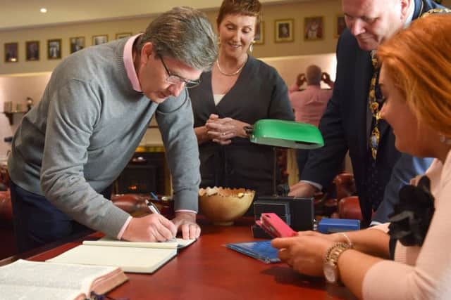 Daniel and his wife Majella were hosted in the Town Hall by the Mayor of Mid and East Antrim Borough, Councillor Paul Reid.  Photo by Aaron McCracken.