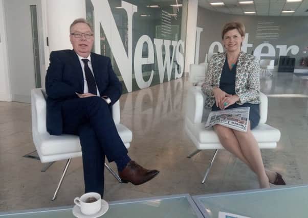 Dr Gerard O'Hare CBE, the Honorary Consul of Latvia for Northern Ireland, and H.E. Ms Baiba Braze, Ambassador Extraordinary and Plenipotentiary of the Republic of Latvia to the United Kingdom of Great Britain and Northern Ireland, at the News Letter Belfast office. Pic by Ben Lowry