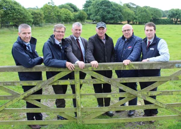 From left to right, Ian Stevenson, chief executive LMC, Gerard McGivern, chairman LMC, Conall Donnelly, chief executive NIMEA, Edward Carson, host, Liam McCarthy, supply chain manager ABP Food Group and Daryl McLaughlin, FQAS development officer with LMC