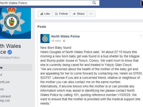Screenshot of Facebook message from North Wales police