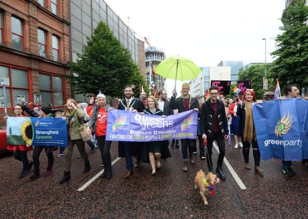 Protestors take part in a march for same-sex marriage in Belfast on Saturday July 1. 
Photo Colm Lenaghan/Pacemaker Press