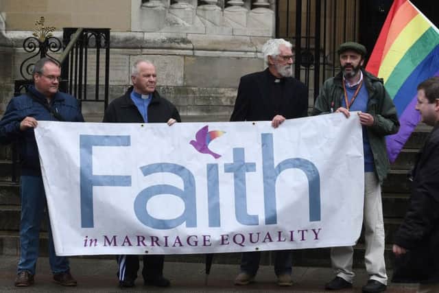 Christian supporters of same-sex marriage in Belfast on Saturday July 1. Pic Colm Lenaghan Pacemaker