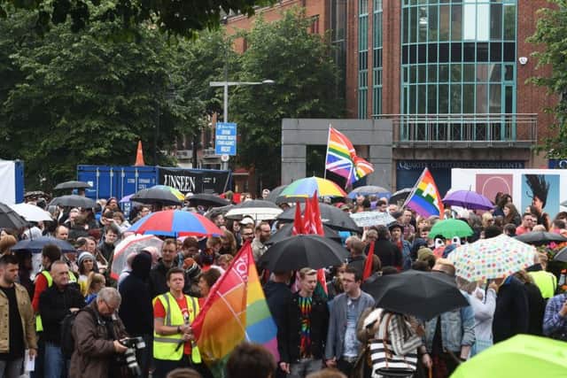 Crowds at the march for same-sex marriage in Belfast on Saturday July 1. Pic Colm Lenaghan Pacemaker