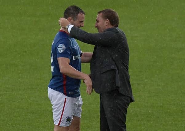 Celtic Manager Brendan Rogers with Jamie Mulgrew  after the Champions Leagie tie with Linfield at The National Stadium Windsor Park. 
Photo: Colm Lenaghan/Pacemaker Press