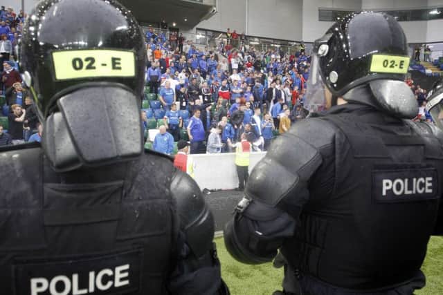 Public order police were deployed to support stewards following the Linfield v Celtic game at the National Stadium Windsor Park.
Photo: Aidan O'Reilly/Pacemaker Press