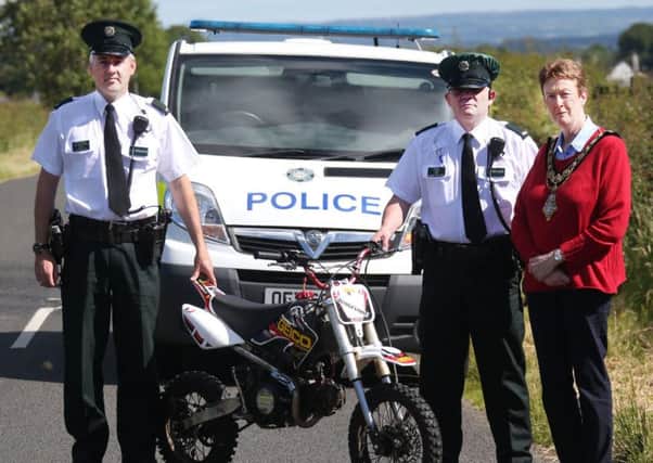 Glens Borough Council, Councillor Joan Baird, OBE is pictured with PSNI representatives as they launch a new campaign on the dangers of illegal scrambler use in our area