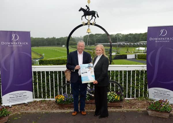 Joan Cunningham Saintfield Horse Show director at the launch of The Downpatrick Race Course Race Horse to Riding Horse which will take place at Tyrella House on Saturday, August 19th with judge Noel Chance, who was twice the winning trainer of The Cheltenham Gold Cup