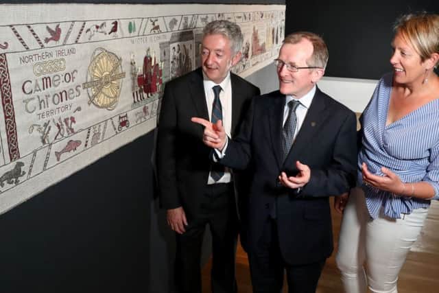 John McGrillen CEO of Tourism NI; Niall Gibbons CEO of Tourism Ireland; and Kathryn Thomson CEO of the Ulster Museum at the launch of the 2017 Game of Thrones campaign in the Ulster Museum, Belfast.
