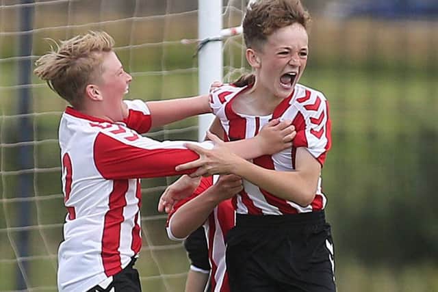 Derry Colts captain Zack Dougherty celebrates his decisive goal for the under 12s against Tristar during Thursday's Foyle Cup fixtures. Pic by PressEye Ltd.