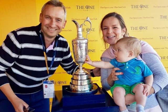 At the other end of the age spectrum to these ageing athletes, the author's nephew, infant Rory Schofield reaches out to touch the Claret Jug at Royal Birkdale golf club with his parents Mark and Claire (sister of the author)