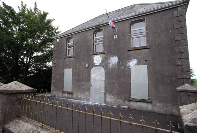 Paint bomb damage to the Orange hall on Lislaban Road in Cloughmills.
 
Picture by Brian Little / Press Eye